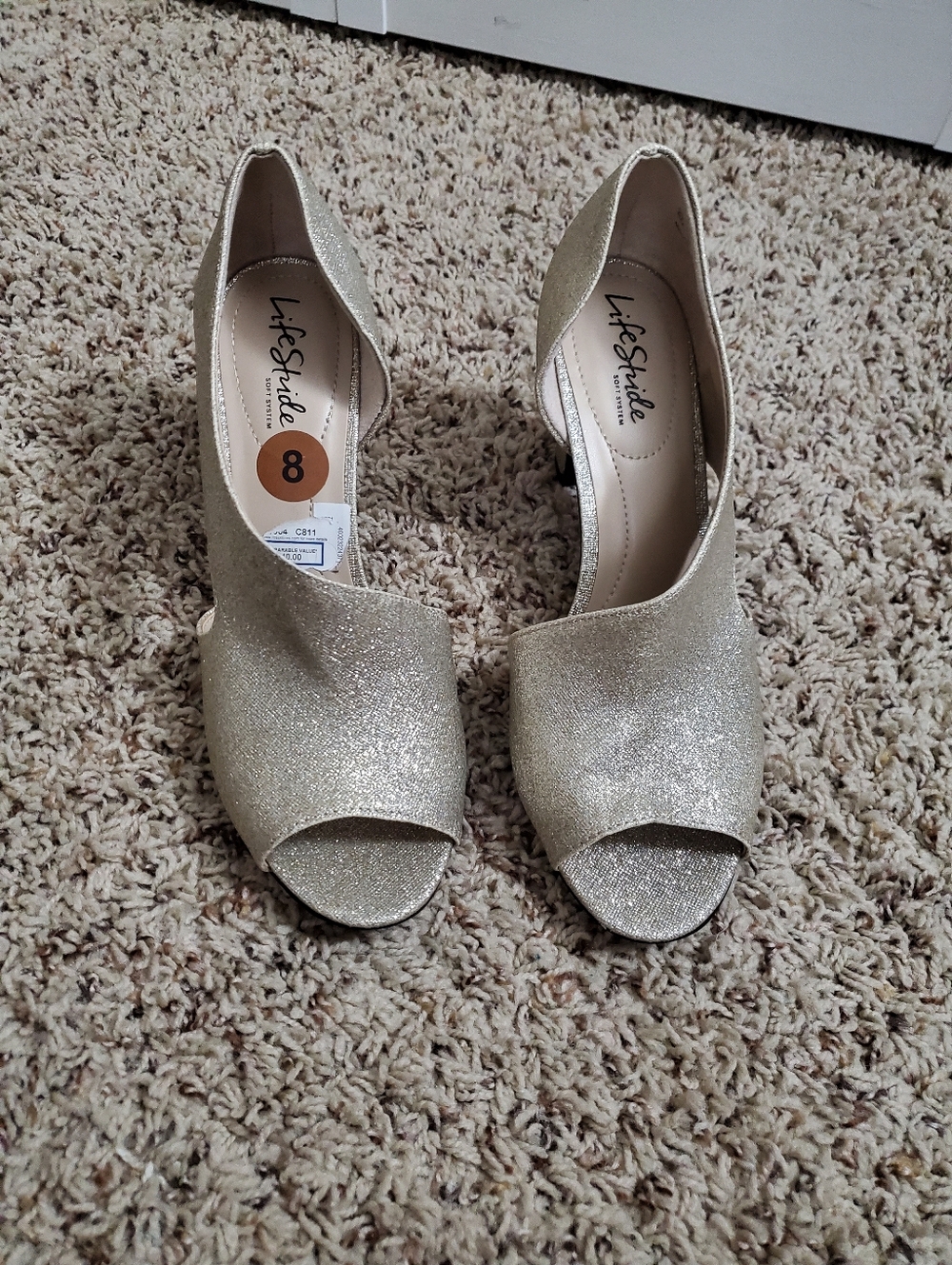 Life Stride Women's Glitter Gold Peep-Toe D'Orsay Heels Size 8